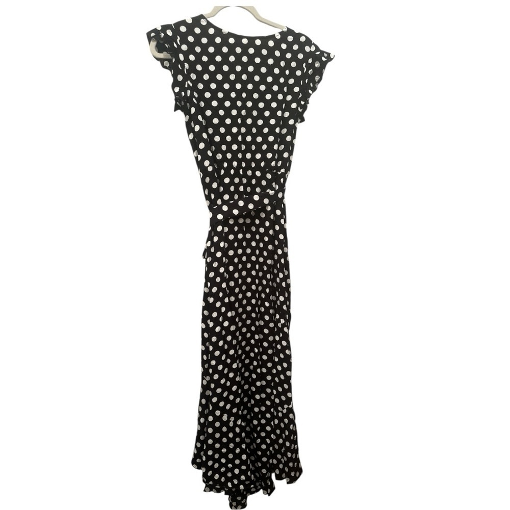 NWT High Low Black and White Polka Dot Dress Flutter Sleeves Tie Waist Sz S - Picture 2 of 10